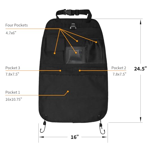 Car Seat Back Organizer with Multiple Pockets and Hook - color: black