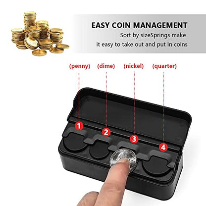 Compact Coin Holder for Car - 4 Compartment&Automatically Holds Coins Coin Organizer(1 Dollar,Quarter,Dimes) - Universal Center Console Coin Case for Car Taxi SUV Truck - color: Black