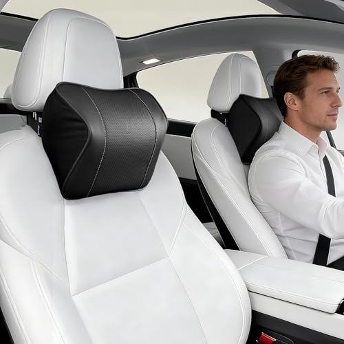 Quintor Genuine Leather Car Neck Pillow,Memory Foam Headrest Cushion, Ergonomic Cervical Support for Tesla Model 3/Y/X, Lexus, BMW- Breathable & All-Season Soft (2 PC) - color: Black