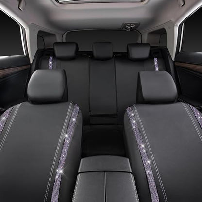 CAR PASS Bling Diamond Car Seat Covers Full Set,Shining Rhinestone Waterproof Faux Leather,Rear with Zipper,Universal Fit Automotive Glitter Crystal Sparkle Strips for Women,Violet Purple Rhinestone - color: Black Violet Diamond, size: Full Set