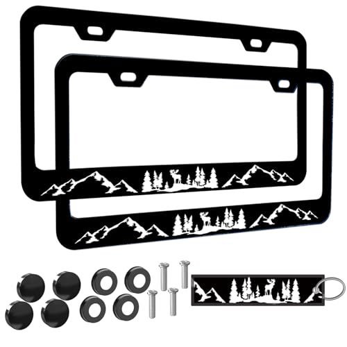 2pcs Moose Forest Mountains License Plate Frame for Women,Mountain Landscape car Decorative tag Frames Girly, Natural Forest License Plate Cover Holder for Vehicle with Double Sided car Keychain tag - color: for Moose Forest Mountains