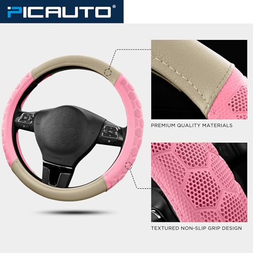 PIC AUTO Massage Steering Wheel Cover, Pink Football Pattern Material Spliced & Beige Leather Car Steering Wheel Cover, Car Steering Cover, Universal Fit 14.5"-15.5" for Cars, Trucks, Van, SUVs - color: Beige
