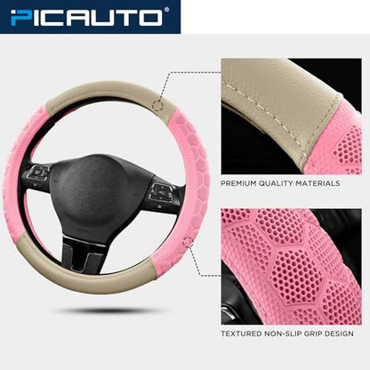 PIC AUTO Massage Steering Wheel Cover, Pink Football Pattern Material Spliced & Beige Leather Car Steering Wheel Cover, Car Steering Cover, Universal Fit 14.5"-15.5" for Cars, Trucks, Van, SUVs - color: Beige