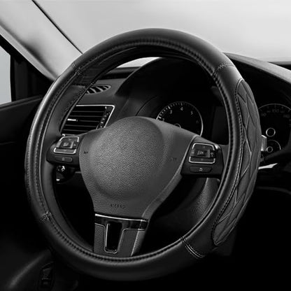 PIC AUTO Steering Wheel Cover, Black Thick Rhombic Foam and Premium Leather, Universal 14.5-15.5 Inch Breathable Anti-Slip Steering Wheels Accessories for Men & Women - color: Black