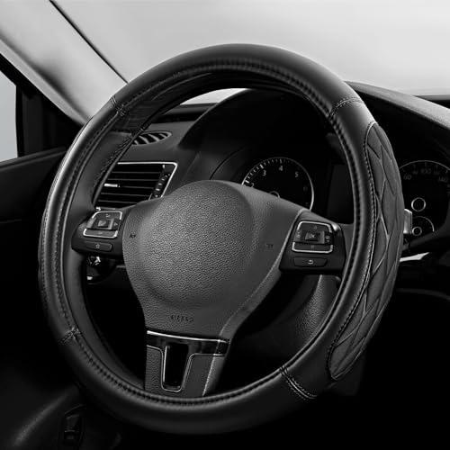 PIC AUTO Steering Wheel Cover, Black Thick Rhombic Foam and Premium Leather, Universal 14.5-15.5 Inch Breathable Anti-Slip Steering Wheels Accessories for Men & Women - color: Black