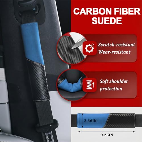 2PCS Car Seat Belt Cover, Soft Carbon Fiber Suede Breathable Vehicle Seat Strap Shoulder Cushion, Comfortable Automotive Interior Seatbelt Mat Pad, Universal for SUV Van RV (Black/Blue) - color: Black/Blue