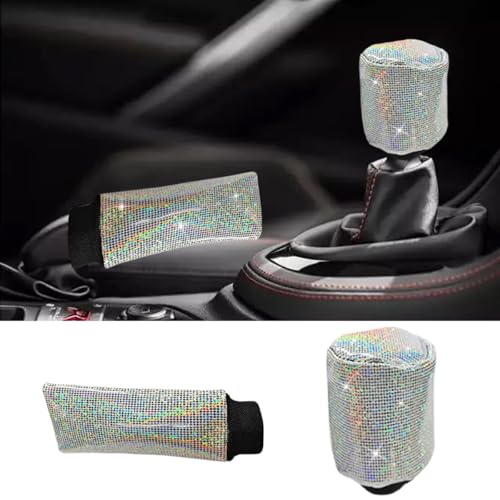 2PCS Car Hand Brake Cover and Gear Shift Knob Cover, Bling Crystal Dustproof Handbrake & Shifter Lever Protector Set, Universal Automatic Manual Car Decoration Accessories for Women(White) - color: White