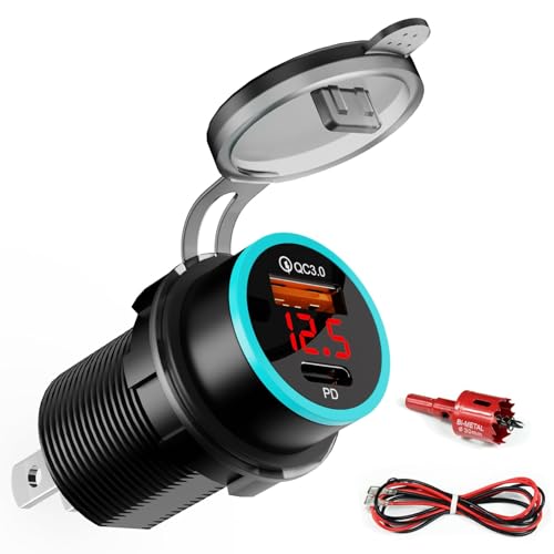 20W USB C Car Charger with PD & QC3.0, Dual Port Fast Charging Adapter with LED Voltage Display, Compatible with iPhone, Samsung, Android, for 12V/24V Cars and Trucks