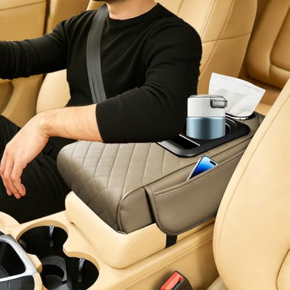 Car Center Console Armrest Box Mat, Nappa Leather Armrest Box Cover with Tissue Box, Cup Holder & Phone Holder, Middle Console Arm Rest Protection Pillow, Universal for Vehicles (Beige) - color: Beige