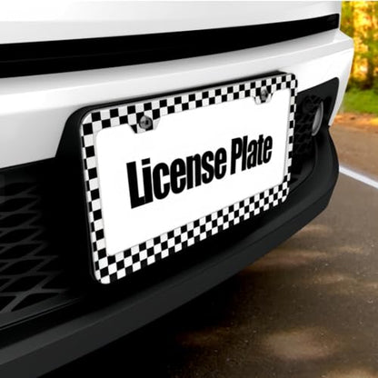 2pcs License Plate Frame Black White Check Pattern Aluminum Alloy License Plate Covers Comes with Screw caps Cover Set - color: Black white check