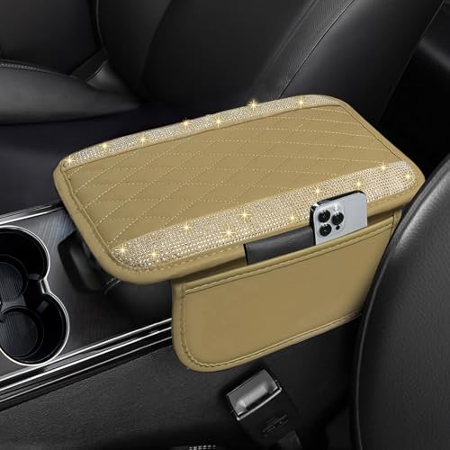 NBTEPEM Bling Beige Car Center Console Cover, Leather Car Arm Rest Cover with 2 Storage Bags, Universal Auto Armrest Protector Storage Box, Bling Accessories Interior for Most Vehicles - color: Beige Leather Diamond