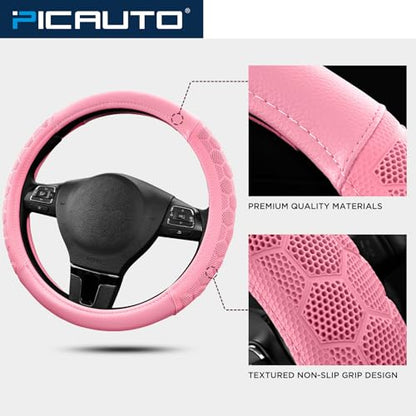 PIC AUTO Massage Steering Wheel Cover, Pink Football Pattern Material Spliced & Pink Leather Car Steering Wheel Cover, Car Steering Cover, Universal Fit 14.5"-15.5" for Cars, Trucks, Van, SUVs - color: Pink