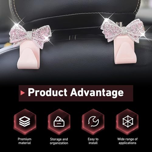 2 PCS Car Seat Headrest Hooks, Bling Rhinestones Crystal Bow Car Purse Hooks, Cute Backseat Storage Hanger for Handbag Purse Coat, Universal for SUV Truck Sedan (Pink) - color: Pink
