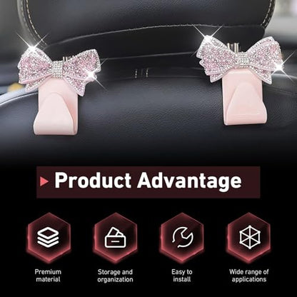 2 PCS Car Seat Headrest Hooks, Bling Rhinestones Crystal Bow Car Purse Hooks, Cute Backseat Storage Hanger for Handbag Purse Coat, Universal for SUV Truck Sedan (Pink) - color: Pink