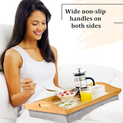 Tioncy 1 Piece Bamboo Lap Tray with Detachable Pillow 16.9'' x 13'' Lap TV Trays Desk with Handles for Adults Eating in Recliner Breakfast Housewarming Gift (Wood) - color: Wood