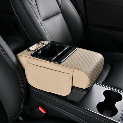 5 in 1 Car Center Console Cover, Memory Cotton Car Armrest Pad with 2 Storage Pockets, Cup Holder, Tissue Box Slot, Phone Holder, Universal Car Interior Organizer (Begie, Wide(13.8 * 7.1 * 3.2inch)) - color: Begie, size: Wide(13.8*7.1*3.2inch)