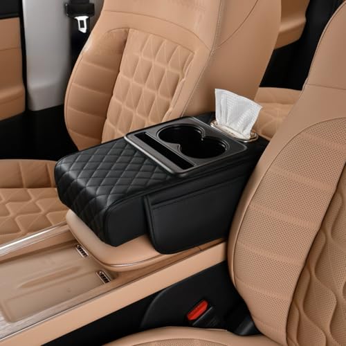 Car Center Console Pad Leather Armrest Pad w/Cup Holder, Tissue Box Slot, Side Bag, Phone Slot for Car Sedans (Quilted, Black) - color: Black, style: Quilted