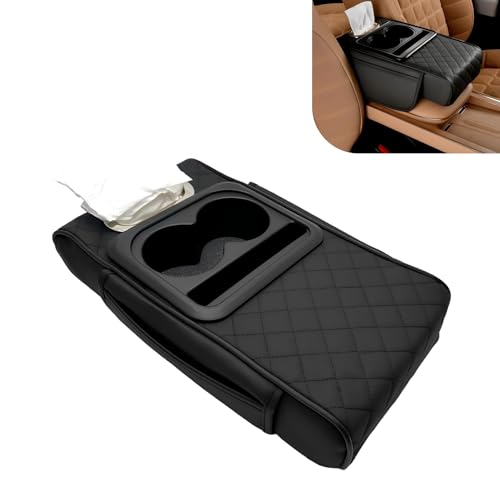 WZP Car Center Console Armrest Pillow, Memory Foam Leather Armrest Cover with Cup Holder Phone Holder Storage Pocket Tissue Holder, Universal Height Enhancement Car Armrest Cushion (Black) - color: Black