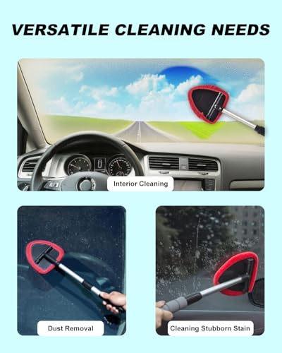 Windshield Cleaning Tool, Car Cleaner Tool with Inside Extendable Handle, Window Cleaner Brush Kit Auto Glass Wiper for Windshield with 2 Microfiber Towel Pads Home Windows, Trucks, SUV & RV - color: Red