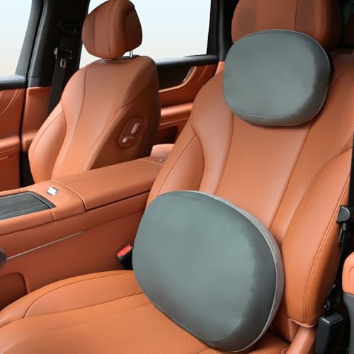 FLORICH Reversible Car Lumbar Support Pillow and Car Neck Pillow Suede & Leather Double-Sided Car Seat Headrest with Lumbar Cushion Relieve Back Neck Fatigue for Car, Office Chair, Wheelchair, Gray - color: Gray