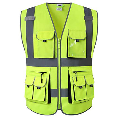 JKSafety 10 Pockets Class 2 High Visibility Zipper Front Safety Vest Yellow with High Reflective Strips Meets ANSI/ISEA Standards (88-Yellow, Medium) - color: Yellow, size: Medium