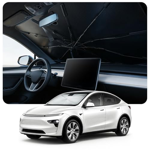 [2026 Upgraded] DooGooCoo Windshield Sun Shade Umbrella for Tesla Model 3 & Model Y [100% Sunlight Blocked, Cooling Ice Crystal] Sunshade for Car Windshield for Model 3 & Model Y Sunshade 2017-2026. - size: For Tesla Model Y & Model 3 2017-2026
