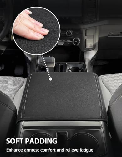 Center Console Cover for 2021-2026 Ford F150 Accessories, Vinyl Leather Middle Armrest Cusion Protector, Anti-Scratch, Black Gray Stitches, Bucket Seat Only(not for Work Station) - size: Bucket Seat, 2021-2026 F150, Gray Stitch