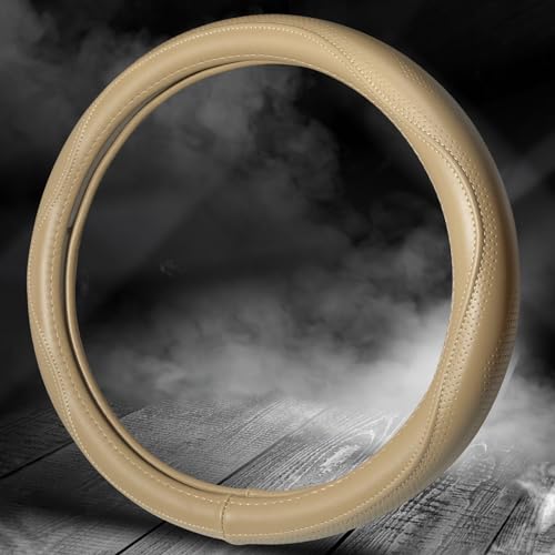 HAOKAY Top Grade Beige Genuine Leather Steering Wheel Cover Men Women, Luxury Steering Wheel Cover for Cars, SUVS and Trucks, Universal 14.5-15 inch - color: BEIGE