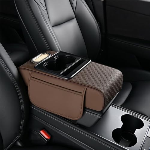 5 in 1 Car Center Console Cover, Memory Cotton Car Armrest Pad with 2 Storage Pockets, Cup Holder, Tissue Box Slot, Phone Holder, Universal Car Interior Organizer (Coffee, Wide(13.8 * 7.1 * 3.2inch)) - color: Coffee, size: Wide(13.8*7.1*3.2inch)