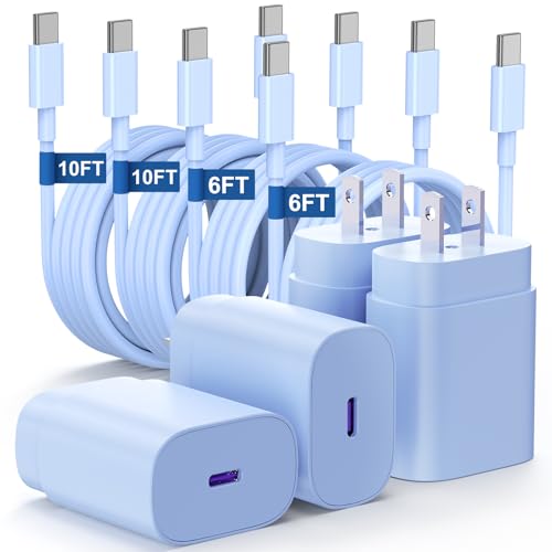 Essri Type C Charger Fast Charging for Samsung Galaxy S25/S24/S23/S22/Note 20,4Pack 25W Super USB C Fast Charger Block with (6ft+10ft) x2 Cables for iPhone 15/16 Pro Max/Plus, Android Phones-Blue - color: Blue, size: 4Pack 6Feet+10Feet