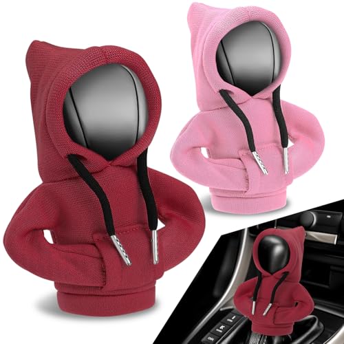 Auto Dynasty 2pcs Car Gear Shift Knob Hoodie, Mini Hoodie Shifter Cover, Automotive Interior Decoration, Gear Shifter Stick Protector, Auto Manual Transmission Lever Cover, Red/Pink - color: Red+Pink, size: 2 PCS