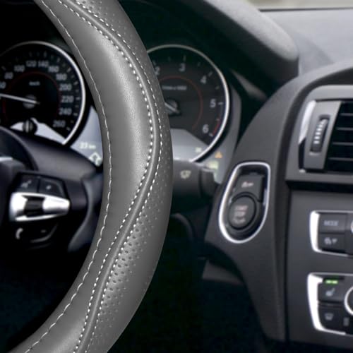 HAOKAY Top Grade Gray Genuine Leather Steering Wheel Cover Men Women, Luxury Steering Wheel Cover for Cars, SUVS and Trucks, Universal 14.5-15 inch - color: GRAY