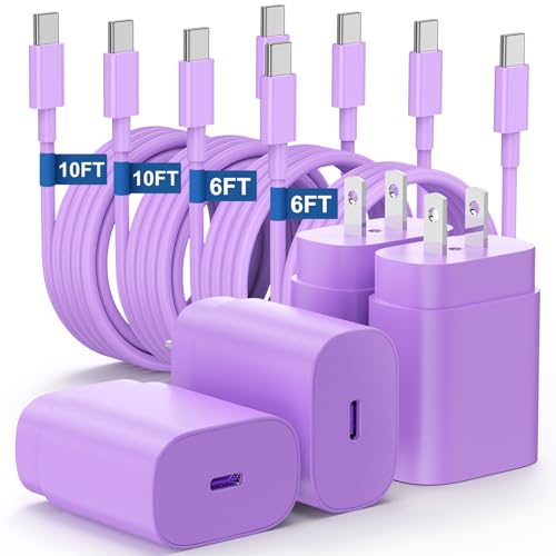 Essri Type C Charger Fast Charging for Samsung Galaxy S25/S24/S23/S22/Note 20,4Pack 25W Super USB C Fast Charger Block with (6ft+10ft) x2 Cables for iPhone 15/16 Pro Max/Plus, Android Phones-Purple - color: Purple, size: 4Pack 6Feet+10Feet