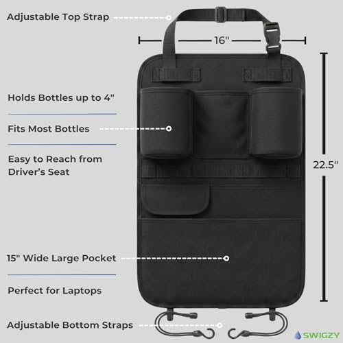 Swigzy Premium Seat Back Organizer & Kick Mat Protector with Large Water Bottle Holders - Cordura Nylon Auto Storage - Laptop Pocket & Sag-Free Adjustable Fit