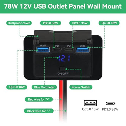 2 Pack 78W 12V USB Outlet Panel Wall Mount with Blue Voltmeter Dual 36W PD & Dual 18W QC3.0 Car USB Port Lightweight 12V USB Charger with ON/Off Switch - size: Pack of 2
