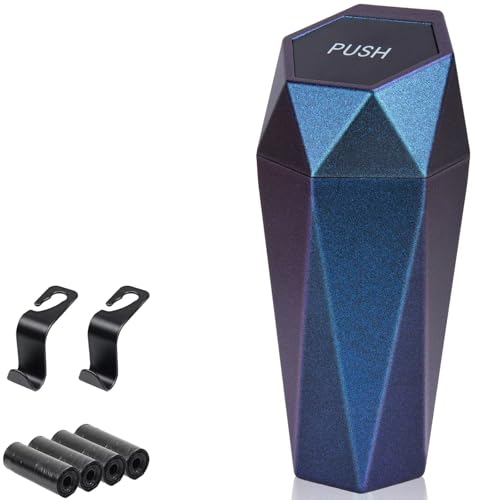 BFXM Car Trash Can, Car Trash Bin with Lid, Car Accessories for Women Interior, Car Garbage Can with Additional 2 ABS Hooks and 60pcs Trash Bags, Suitable for Home, Office, Car Organizer, Blue Purple - color: Blue-Purple 1PCS