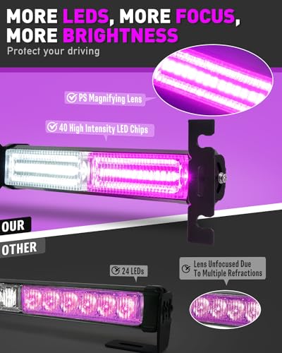 HLauto 1002L Emergency Strobe Traffic Advisor Light Bar: 40 LED Dash Safety Warning Flashing Light, Front/Rear Windshield for Construction Vehicle, Tow/Plow Truck (2x10.7inch, Purple White) - color: #08 Purple/White