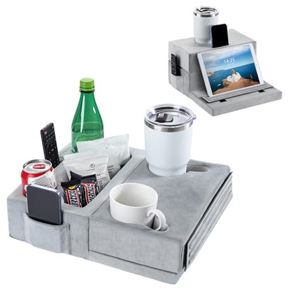 Luxspire Couch Cup Holder, Couch Caddy with 8 Holes and Side Pocket, Couch Cup Holder Tray for iPad/Drinks/Remote Control/Snacks Holder, Gray - color: Larger Gray