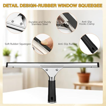 Window Cleaning Squeegee Kit- 14" Squeegee & Microfiber Rotatable Window Scrubber,All-Purpose Tile Shower Walls Window Glass Car Windshield Mirrors,Reusable Microfiber Sleeve