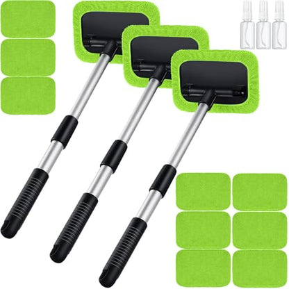 Frienda 3 Set Windshield Cleaner Tool Inside Car Window Cleaner Tool with 3 Extendable Handle 9 Reusable Microfiber Pads and 3 Spray Bottles for Auto Home Interior Exterior Glass Cleaning(Green) - color: Green