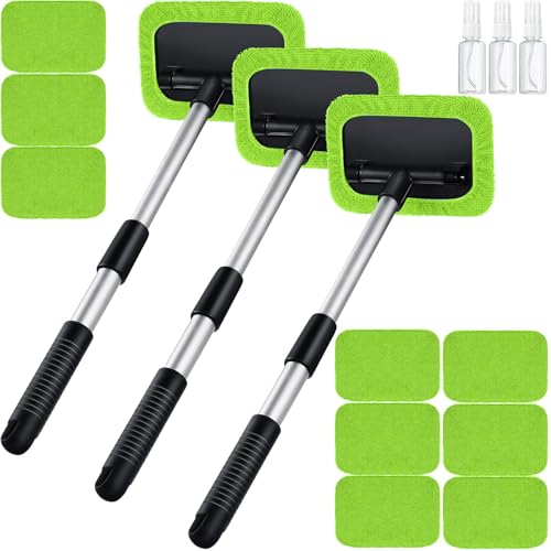 Frienda 3 Set Windshield Cleaner Tool Inside Car Window Cleaner Tool with 3 Extendable Handle 9 Reusable Microfiber Pads and 3 Spray Bottles for Auto Home Interior Exterior Glass Cleaning(Green) - color: Green