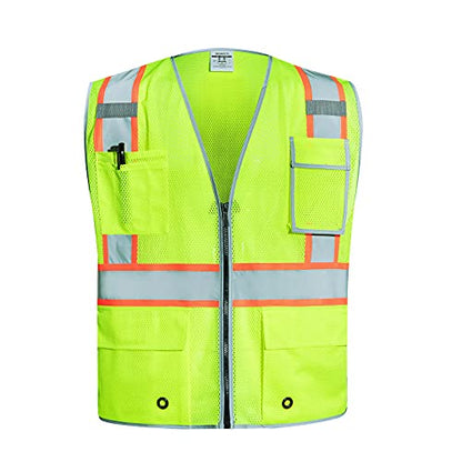 SKSAFETY 10 Pockets Safety Vest, Class 2 High Visibility Security with Zipper Double-sided mesh, Hi Vis Vest with Reflective Strips, ANSI/ISEA Standard, Construction Work Vest （Lime, 5XL） - color: Yellow Mesh, size: 5X-Large