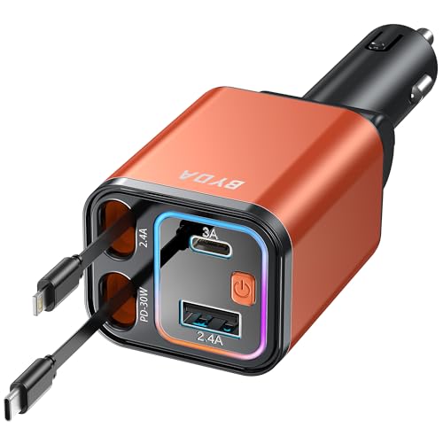 4 in 1 Retractable Car Charger,69W Cigarette Lighter Charger,USB C Fast Car Charger for iPhone 17 Pro Max 16 15 14 13 12 11 (for Apple+Type C &RGB Breathing Light [Orange]) - size: for Apple+Type C &RGB Breathing Light [Orange]