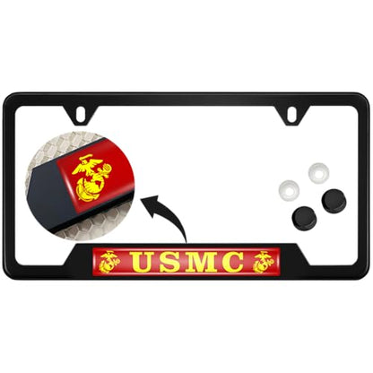 [Officially Licensed Product] - Stainless Steel Matte Black CAR 2-Hole Standard Size - Domed Custom-Made Corrosion-Resistant License Plate Frame with USMC Semper Fi, EGA Logo & Free caps - (Qty: 1) - size: USMC - EGA logo
