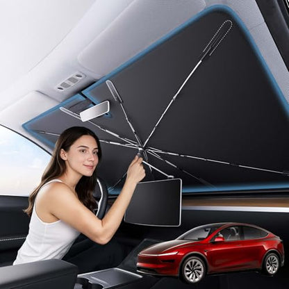 Zanch Upgrade Windshield Sun Shade, Custom Fit for Tesla Mode Y 2017-2026 [Titanium-Silver Reflective Coating] Blocks 99% UV & Heat, Sunshade Umbrella for Model Y 2017 ... 2024 2025 2026 - size: For Tesla Model Y (2017-2026)