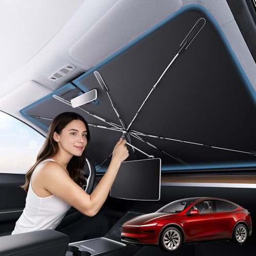 Zanch Upgrade Windshield Sun Shade, Custom Fit for Tesla Mode Y 2017-2026 [Titanium-Silver Reflective Coating] Blocks 99% UV & Heat, Sunshade Umbrella for Model Y 2017 ... 2024 2025 2026 - size: For Tesla Model Y (2017-2026)
