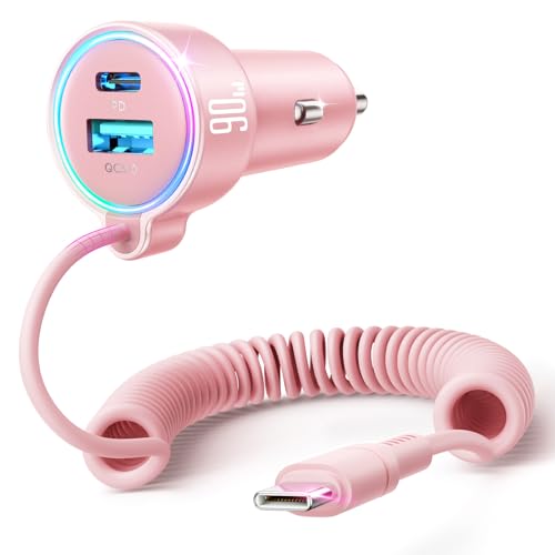 USB C 90W Car Charger for iPhone 17/16 Pro Max, PD & QC3.0 w/5 ft 45W Type C Coiled Cable, Fast Car Phone Charger Adapter for iPhone 17Air/15 Pro, Samsung Galaxy S25/S24/S23, Pixel 10/LG/Android, iPad - color: Pink - 5 FT