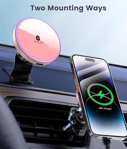 MOKPR for Magnetic Car Mount Charger-15W Wireless Car Charger-Magnetic Car Phone Holder for Dash Air Vent-LED RGB HandsFree Car Mount Fast Car Charger for iPhone 16 15/14/13/12 Pink - color: Pink