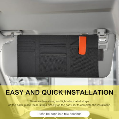Povtii 2 PCS Car Sun Visor Organizer, Oxford Cloth Multi-Pocket Storage Holder with Zipper, Auto Visor Storage Net Pouch for Card Note Phone Registration, Car Accessories (Black)