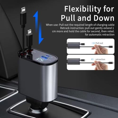 Retractable Car Charger, 4 in 1 Fast Charging 69W, Cigarette Lighter Adapter 2 Retractable iPhone Cables and USB Car Charger,Compatible with iPhone 14/13/12/11,Galaxy,Pixel - size: Cords for apple 5-14
